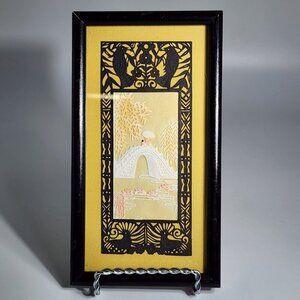 Vintage Framed Chinese Paper Cut Artwork Bridge Lotus Design Ornate Black Frame
